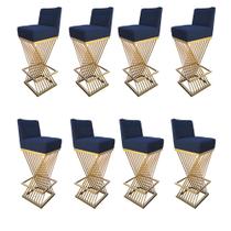 Kit 08 Banquetas Luma Base de Ferro Sued Azul Marinho - D'Classe Decor Kit 08 Banquetas Luma Base de Ferro Sued Azul Marinho - D'Classe Decor