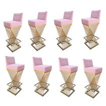 Kit 08 Banquetas Luma Base de Ferro Sued Rosa Bebê - D'Classe Decor Kit 08 Banquetas Luma Base de Ferro Sued Rosa Bebê - D'Classe Decor
