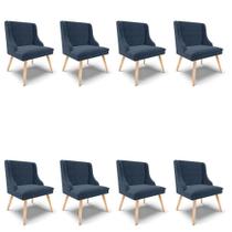 Kit 08 Cadeiras De Jantar Liz Suede Azul Marinho Pés Palito Natural