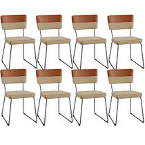 Kit 08 Cadeiras Decorativas Allana L02 Faixa material sintético Camel Linho Bege - Lyam Decor