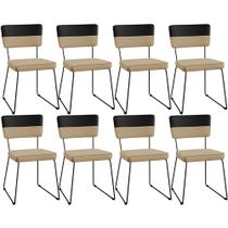 Kit 08 Cadeiras Decorativas Base De Aço Allana L02 Faixa Material Sintético Preto Linho Bege Escuro - Lyam Decor