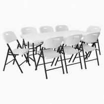 Kit 08 Cadeiras Dobráveis Max Branca com Estrutura Preta e 01 Mesa Dobrável 2m Branca Kit 08 Cadeiras Dobráveis Max Branca com Estrutura Preta e 01 Mesa Dobrável 2m Branca