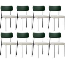 Kit 08 Cadeiras Estofadas Para Sala De Jantar Melina L02 Facto Verde Musgo Bouclê Creme - Lyam Decor