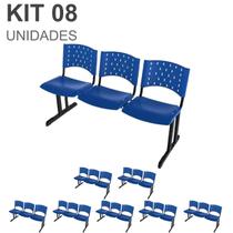 Kit 08 Cadeiras longarinas PLÁSTICAS 03 Lugares - COR AZUL - REALPLAST - 23015