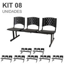 Kit 08 Cadeiras longarinas PLÁSTICAS 03 Lugares - Cor PRETO - REALPLAST - 23006