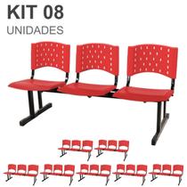 Kit 08 Cadeiras longarinas PLÁSTICAS 03 Lugares - Cor VERMELHO - REALPLAST - 23069