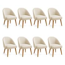 Kit 08 Cadeiras Poltrona de Jantar Estofada Luna Boucle Bege Pés Palito Castanho - Pallazio Kit 08 Cadeiras Poltrona de Jantar Estofada Luna Boucle Bege Pés Palito Castanho - Pallazio