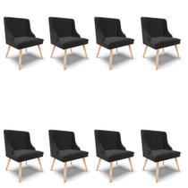 Kit 08 Cadeiras Veludo Preto Pés Palito Natural