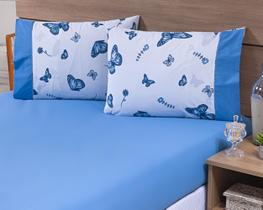 Kit 08 Fronhas Avulsas 80x60cm Percal 100% Algodão 180 Fios Estampada Borboleta Azul c/ Barrado Azul