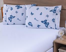 Kit 08 Fronhas Avulsas 80x60cm Percal 100% Algodão 180 Fios Estampada Borboleta Azul c/ Barrado