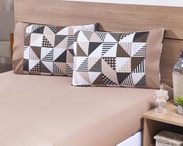 Kit 08 Fronhas Avulsas 80x60cm Percal 100% Algodão 180 Fios Estampada Geométrico Caqui c/ Barrado Caqui