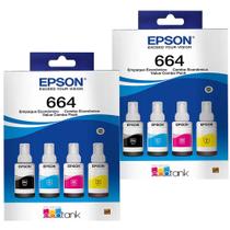 Kit 08 Garrafa de tintas T664 Ciano, Magenta, Amarelo e Preto para impressora jato de Tinta L455