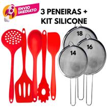 Kit 08 Itens: Peneira Inox E Utensilio Silicone Escumadeira Colher Espátula Vazada Espátula Pão Duro