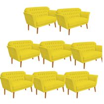 Kit 08 Namoradeira Decorativa Ster com Capitone Pés Palito em Madeira 2 Lugares Sala de Estar Recepção Escritório Suede Amarelo - Damaffê Móveis