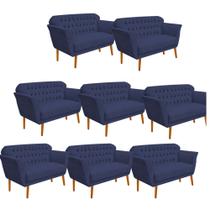 Kit 08 Namoradeira Decorativa Ster com Capitone Pés Palito em Madeira 2 Lugares Sala de Estar Recepção Escritório Suede Azul Marinho - Damaffê Móvei