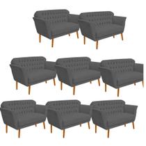 Kit 08 Namoradeira Decorativa Ster com Capitone Pés Palito em Madeira 2 Lugares Sala de Estar Recepção Escritório Suede Cinza - Damaffê Móveis