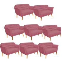Kit 08 Namoradeira Decorativa Ster com Capitone Pés Palito em Madeira 2 Lugares Sala de Estar Recepção Escritório Suede Rosa Bebê - Damaffê Móveis