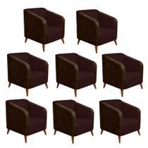 Kit 08 Poltrona Silmara Compose material sintético Nozes Decorativa Pés Madeira 2 Lugares Sala de Estar Recepção Escritório Consultório Suede Marrom - Damaffê M