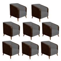 Kit 08 Poltrona Silmara Compose Tecido Sintético Nozes Decorativa Pés Madeira 2 Lugares Sala de Estar Recepção Escritório Consultório Suede Cinza -