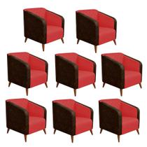 Kit 08 Poltrona Silmara Compose Tecido Sintético Nozes Decorativa Pés Madeira 2 Lugares Sala de Estar Recepção Escritório Consultório Suede Vermelho