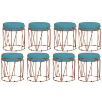 Kit 08 Puffs Decorativos Redondo Sol Base Bronze Suede Azul Turquesa