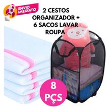 Kit 08 Un: 02 Cesto Organizador Nylon Multiuso Flexível + 06 Saco Lavar Roupas Saquinhos Com Ziper