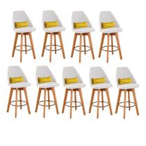 Kit 09 Banquetas Alta Maya Giratória Com Encosto Linho Bege Claro e Almofada material sintético Amarelo - Aurora Line