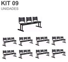 Kit 09 Cadeiras Longarinas PLÁSTICAS 03 Lugares Cor PRETA 23025