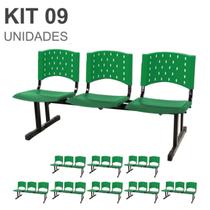 Kit 09 Cadeiras longarinas PLÁSTICAS 03 Lugares - Cor VERDE - REALPLAST - 23079