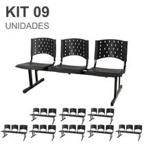 Kit 09 Cadeiras longarinas PLÁSTICAS 03 Lugares para recepção Cor PRETO - REALPLAST - 23007