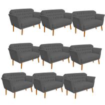 Kit 09 Namoradeira Decorativa Ster com Capitone Pés Palito em Madeira 2 Lugares Sala de Estar Recepção Escritório Suede Cinza - Damaffê Móveis