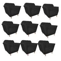 Kit 09 Poltrona Cadeira Decorativa Ster com Capitone Sala de Estar Recepção Escritório Suede Preto - Damaffê Móveis