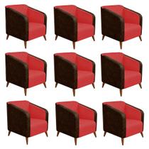 Kit 09 Poltrona Silmara Compose Tecido Sintético Nozes Decorativa Pés Madeira 2 Lugares Sala de Estar Recepção Escritório Consultório Tecido Sintéti