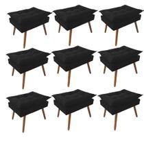 Kit 09 Puff Opala decorativo Pés em Madeira Sala de Estar Recepção Consultório Suede Preto - KDAcanto Móveis