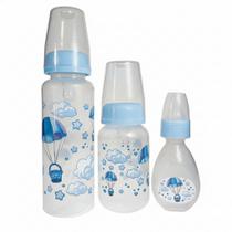 Kit 1-3 C/ 3 Mamadeiras PP Bico Silicone Redondo Infantil Bebê - 240ML/150 ML/40 ML - Azul Rosa