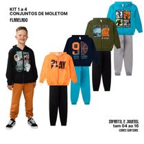kit 1 a 4 Conjunto Moletom Infantil Juvenil Masculino Blusa Calça Flanelado Agasalho Menino Capuz Ziper Punho Tam 04-16