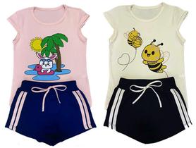 Kit 1 a 5 Conjuntos De Roupa Infantil Camiseta Japonesa + Shorts Saia Menina - Tamanho 1 ao 8 Anos - Mais Vendidos Coleçao Poofy