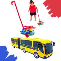 Kit 1 Avião Helicóptero Push Plane 1 Ônibus Sanfonado Brinquedo Criança Infantil Divertido