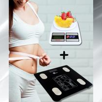 Kit 1 Balança Digital Corporal Bioimpedancia Aplicativo Bluetooth + Balança Digital De Precisão Cozinha 10kg Nutrição