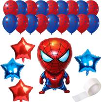 Kit 1 Balão Metalizado Homem Aranha de 80cm, 4 Estrelas Metalizadas de 45cm, 50 Balões Estampados N9, Fita Cola Adesiva