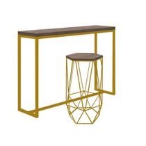 Kit 1 Banqueta Liz + 1 Mesa Bancada Mavie 150cm Industrial Ferro Dourado MDF Caramelo - Ahazzo Móveis