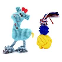 Kit 1 Brinquedo Mordedor Girafa Pelúcia Corda + 1 Bola TPR Com Nó Corda Cachorro Pet