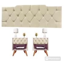 Kit 1 Cabeceira 160 Queen Vitoria 2Mesa de Cabeceira Glamour Vitoria Decor Pé Madeira Gaveta Estofada -Jc Moveis