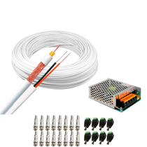 Kit 1 Cabo Coaxial Branco Flexível 80% Malha Bobina de 100m + Fonte Chaveada 12V 10A Tipo Colméia e Conectores para 8 Câmeras