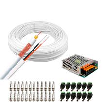 Kit 1 Cabo Coaxial Branco Flexível 80% Malha Bobina de 100m + Fonte Chaveada 12V 15A Tipo Colméia e Conectores para 12 Câmeras