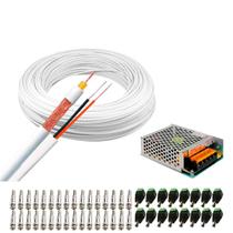 Kit 1 Cabo Coaxial Branco Flexível 80% Malha Bobina de 100m + Fonte Chaveada 12V 15A Tipo Colméia e Conectores para 16 Câmeras - TUDO FORTE