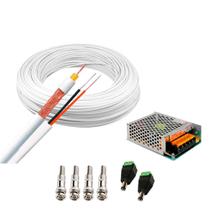 Kit 1 Cabo Coaxial Branco Flexível 80% Malha Bobina de 100m + Fonte Chaveada 12V 5A Tipo Colméia e Conectores para 2 Câmeras