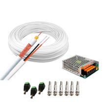 Kit 1 Cabo Coaxial Branco Flexível 80% Malha Bobina de 100m + Fonte Chaveada 12V 5A Tipo Colméia e Conectores para 3 Câmeras - TUDO FORTE