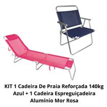 KIT 1 Cadeira De Praia Reforçada 140kg + 1 Cadeira Espreguiçadeira Alumínio Mor Rosa