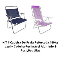 KIT 1 Cadeira De Praia Reforçada 140kg Azul + 1 Cadeira Reclinavel 8 posições LILAS